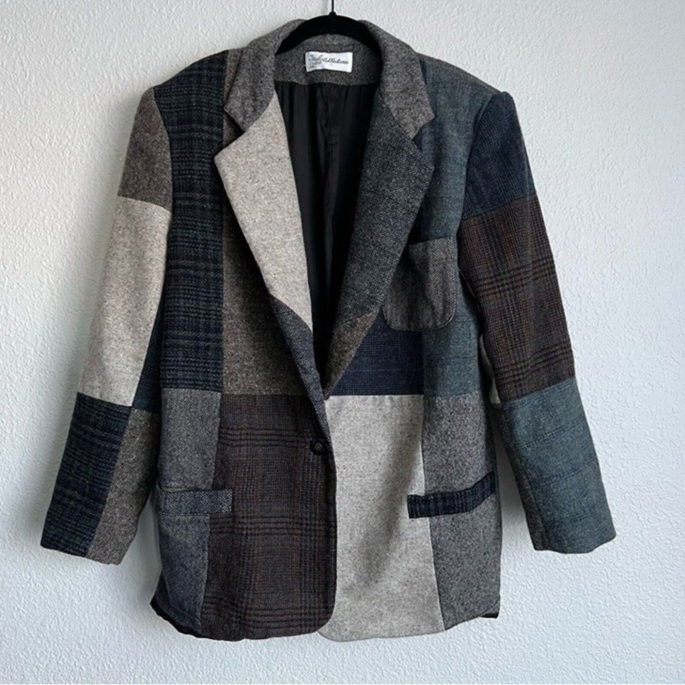 Vintage VP Collections Men's Patchwork Blazer Jacket Size L Gray Blue Brown Wool